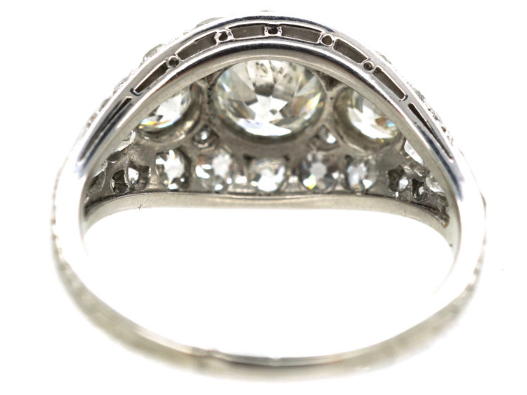 French Art Deco Platinum Three Stone Diamond Ring with Diamond Detail