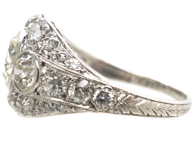French Art Deco Platinum Three Stone Diamond Ring with Diamond Detail