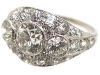 French Art Deco Platinum Three Stone Diamond Ring with Diamond Detail