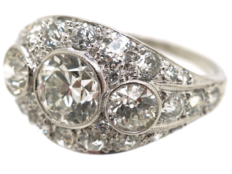 French Art Deco Platinum Three Stone Diamond Ring with Diamond Detail