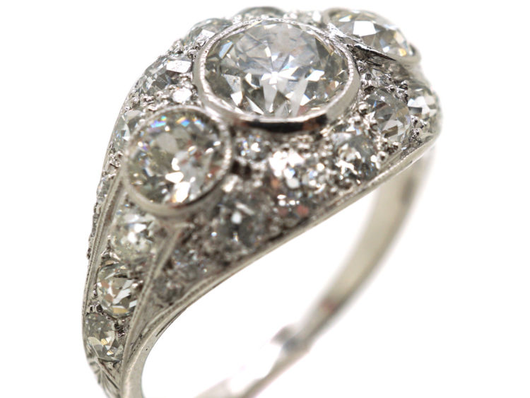 French Art Deco Platinum Three Stone Diamond Ring with Diamond Detail