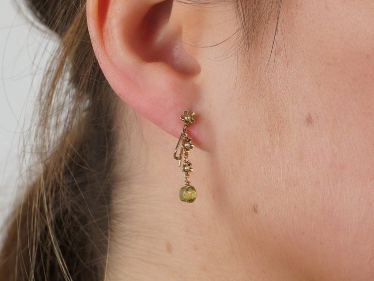 Edwardian 15ct Gold, Peridot & Natural Split Pearl Drop Earrings
