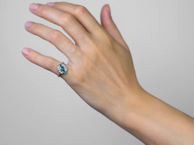 Art Deco 18ct White Gold & Platinum, Emerald & Diamond Ring
