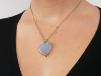 Edwardian Large Opal Heart Pendant with Diamond Top on 14ct Gold Chain
