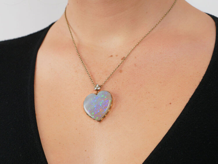 Edwardian Large Opal Heart Pendant with Diamond Top on 14ct Gold Chain