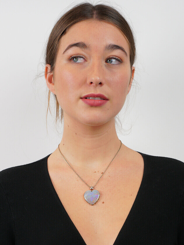 Edwardian Large Opal Heart Pendant with Diamond Top on 14ct Gold Chain