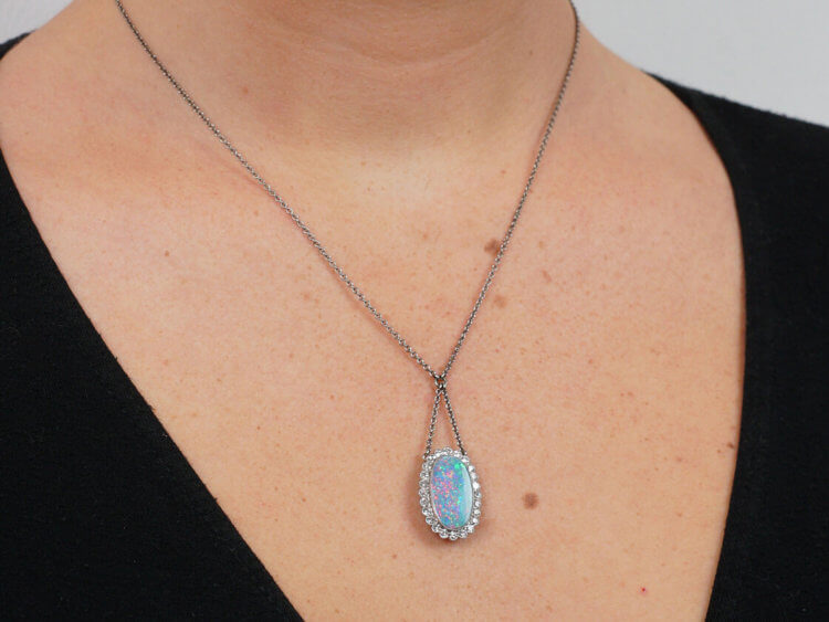 Edwardian Platinum Diamond & Opal Pendant on Platinum Chain