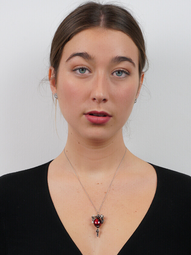 Victorian Cabochon Garnet, Natural Pearl & Rose Diamond Pendant on Chain