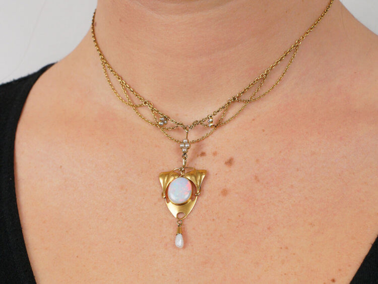 Art Nouveau 15ct Gold, Opal & Natural Split Pearl Necklace