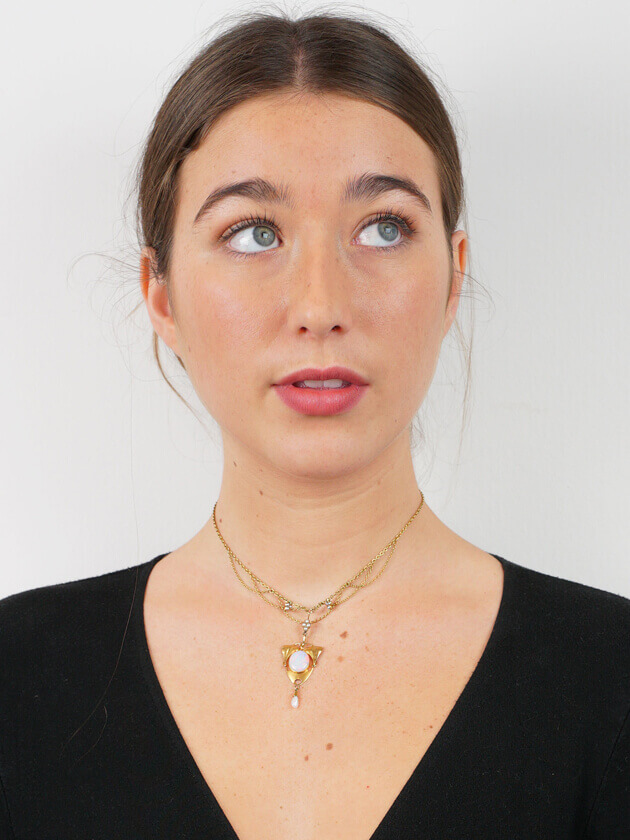 Art Nouveau 15ct Gold, Opal & Natural Split Pearl Necklace