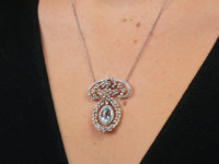 Edwardian Platinum Aquamarine & Diamond Pendant by J E Caudwell on Platinum Chain
