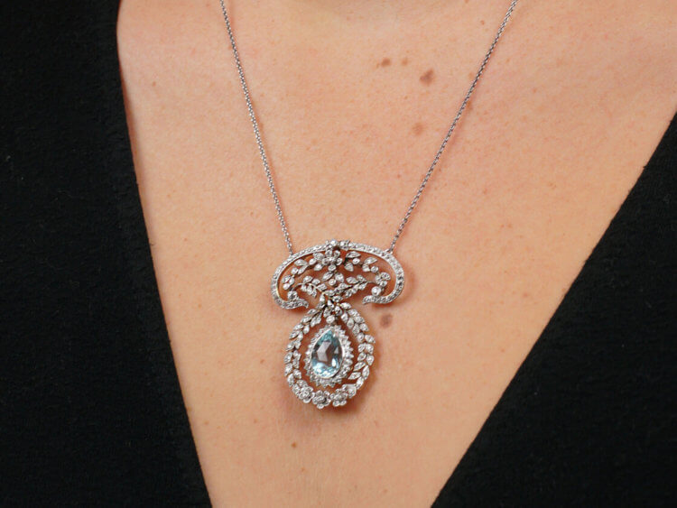 Edwardian Platinum Aquamarine & Diamond Pendant by J E Caudwell on Platinum Chain