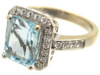 18ct White Gold, Aquamarine & Diamond Rectangular Ring with Diamond Set Shoulders