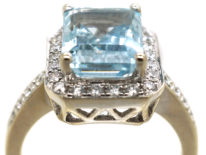 18ct White Gold, Aquamarine & Diamond Rectangular Ring with Diamond Set Shoulders