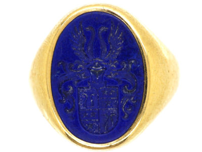 18ct Gold & Lapis Lazuli Signet Ring With Crest Intaglio 18ct Gold & Lapis Lazuli Signet Ring With Crest Intaglio