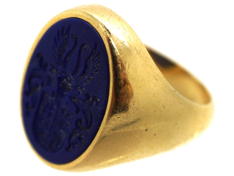 18ct Gold & Lapis Lazuli Signet Ring With Crest Intaglio