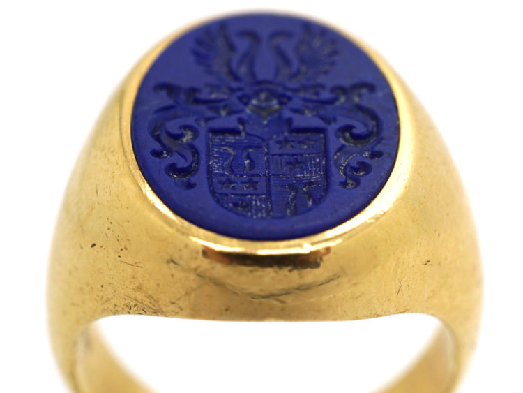 18ct Gold & Lapis Lazuli Signet Ring With Crest Intaglio