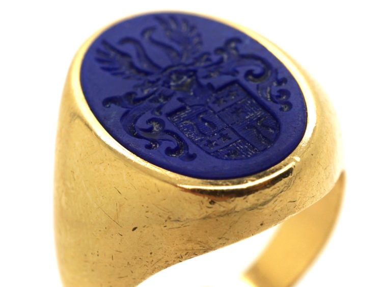 18ct Gold & Lapis Lazuli Signet Ring With Crest Intaglio