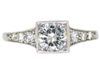 Art Deco Platinum, Diamond Solitaire Ring with Diamond Set Shoulders