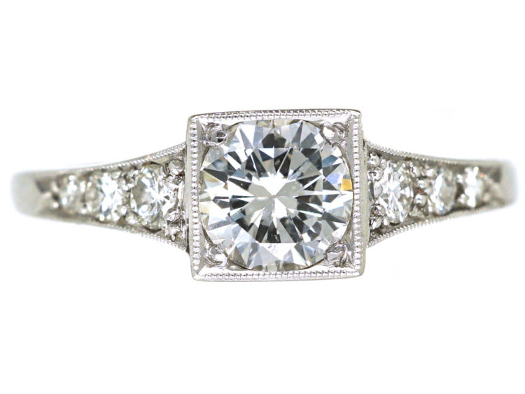 Art Deco Platinum, Diamond Solitaire Ring with Diamond Set Shoulders