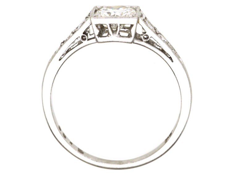 Art Deco Platinum, Diamond Solitaire Ring with Diamond Set Shoulders