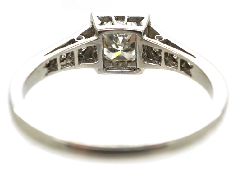 Art Deco Platinum, Diamond Solitaire Ring with Diamond Set Shoulders