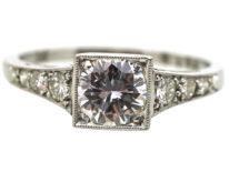 Art Deco Platinum, Diamond Solitaire Ring with Diamond Set Shoulders