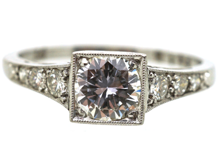Art Deco Platinum, Diamond Solitaire Ring with Diamond Set Shoulders