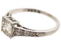 Art Deco Platinum, Diamond Solitaire Ring with Diamond Set Shoulders