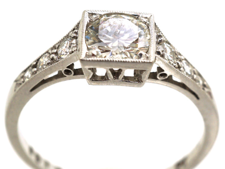 Art Deco Platinum, Diamond Solitaire Ring with Diamond Set Shoulders