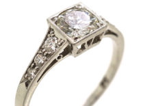 Art Deco Platinum, Diamond Solitaire Ring with Diamond Set Shoulders