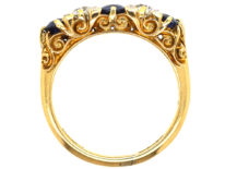 Victorian 18ct Gold, Sapphire & Diamond Five Stone Carved Half Hoop Ring