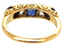 Victorian 18ct Gold, Sapphire & Diamond Five Stone Carved Half Hoop Ring