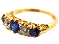 Victorian 18ct Gold, Sapphire & Diamond Five Stone Carved Half Hoop Ring