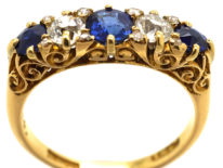 Victorian 18ct Gold, Sapphire & Diamond Five Stone Carved Half Hoop Ring
