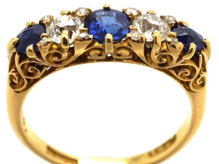 Victorian 18ct Gold, Sapphire & Diamond Five Stone Carved Half Hoop Ring