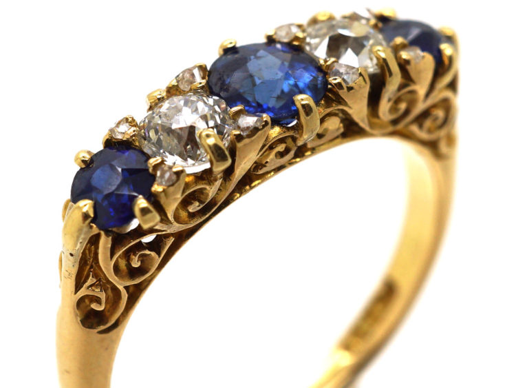 Victorian 18ct Gold, Sapphire & Diamond Five Stone Carved Half Hoop Ring