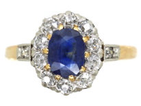 Edwardian 18ct Gold, Sapphire & Diamond Oval Cluster Ring with Diamond Shoulders