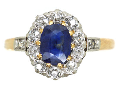 Edwardian 18ct Gold, Sapphire & Diamond Oval Cluster Ring with Diamond Shoulders