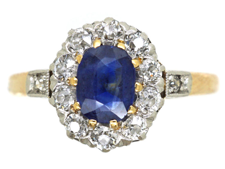 Edwardian 18ct Gold, Sapphire & Diamond Oval Cluster Ring with Diamond Shoulders