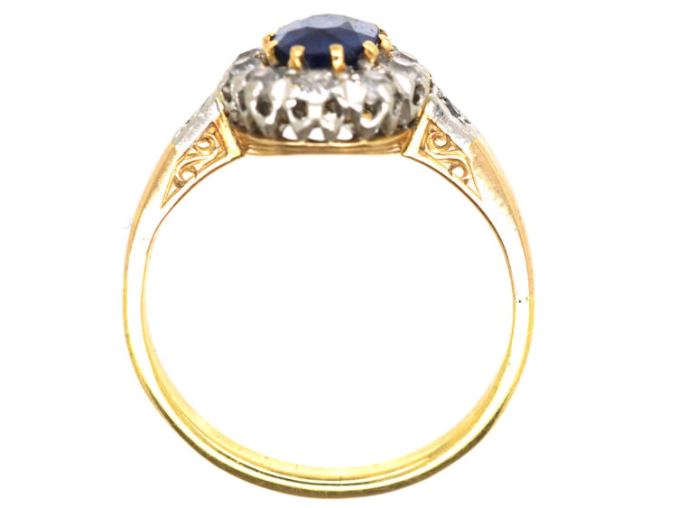 Edwardian 18ct Gold, Sapphire & Diamond Oval Cluster Ring with Diamond Shoulders