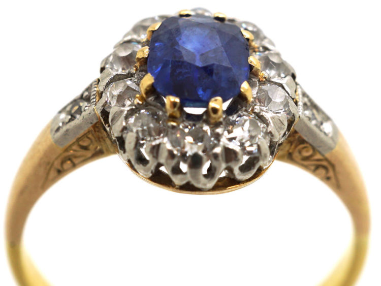 Edwardian 18ct Gold, Sapphire & Diamond Oval Cluster Ring with Diamond Shoulders