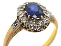 Edwardian 18ct Gold, Sapphire & Diamond Oval Cluster Ring with Diamond Shoulders