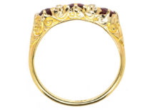 Edwardian 18ct Gold, Diamond & Ruby Five Stone Carved Half Hoop Ring