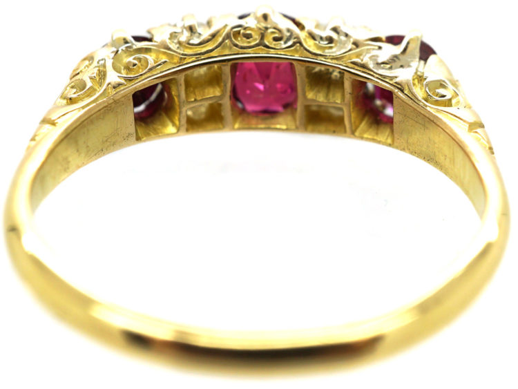 Edwardian 18ct Gold, Diamond & Ruby Five Stone Carved Half Hoop Ring