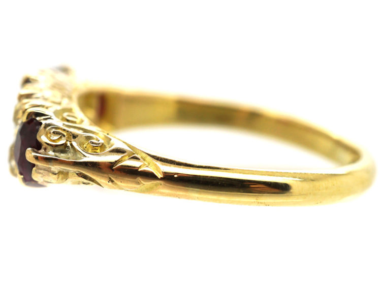 Edwardian 18ct Gold, Diamond & Ruby Five Stone Carved Half Hoop Ring