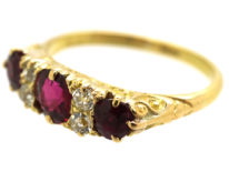 Edwardian 18ct Gold, Diamond & Ruby Five Stone Carved Half Hoop Ring