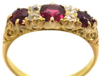 Edwardian 18ct Gold, Diamond & Ruby Five Stone Carved Half Hoop Ring