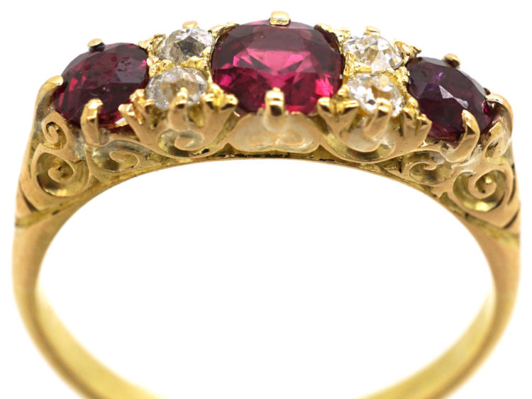 Edwardian 18ct Gold, Diamond & Ruby Five Stone Carved Half Hoop Ring