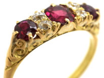 Edwardian 18ct Gold, Diamond & Ruby Five Stone Carved Half Hoop Ring
